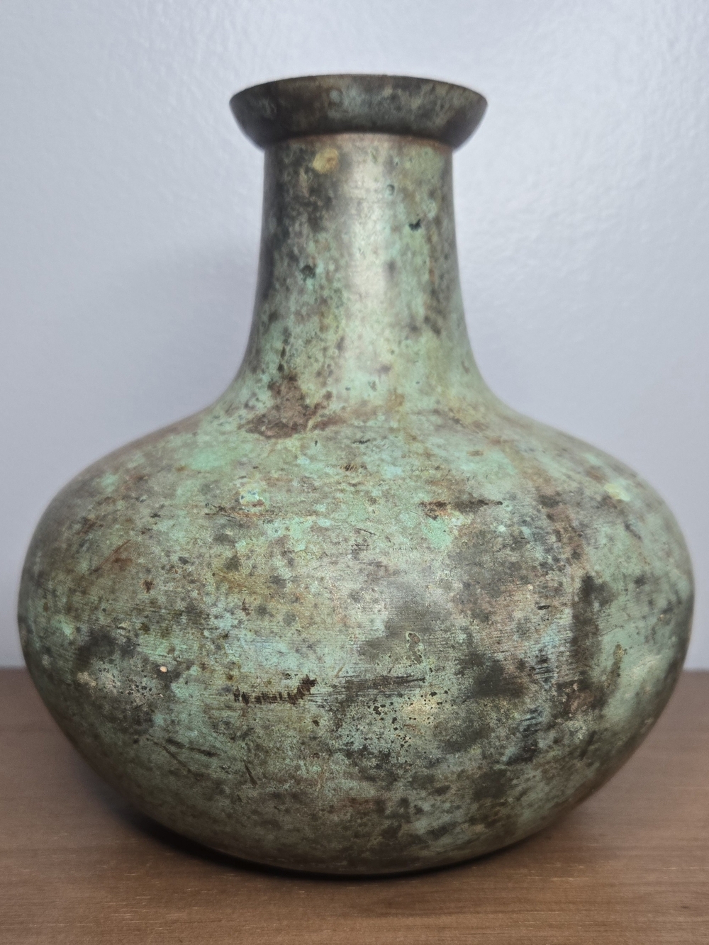 Heavy Patina Solid Metal Globular Vase 7" Tall Antique Look